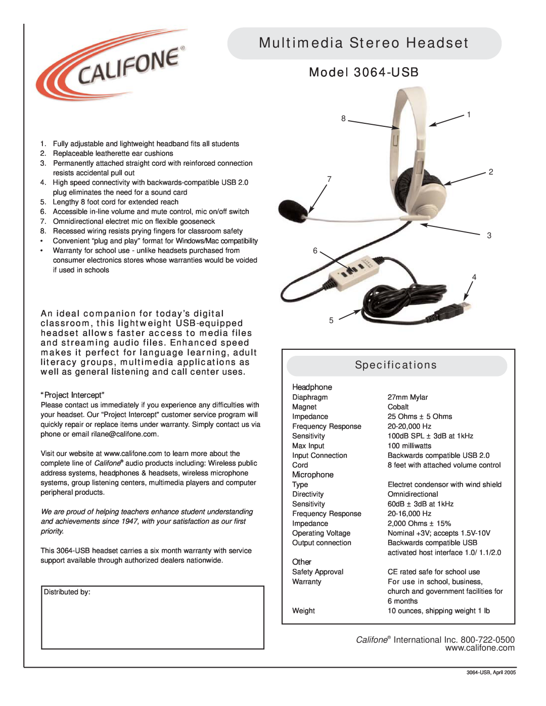 Califone specifications Multimedia Stereo Headset, Model 3064-USB, Specifications, “Project Intercept, Headphone, Other 