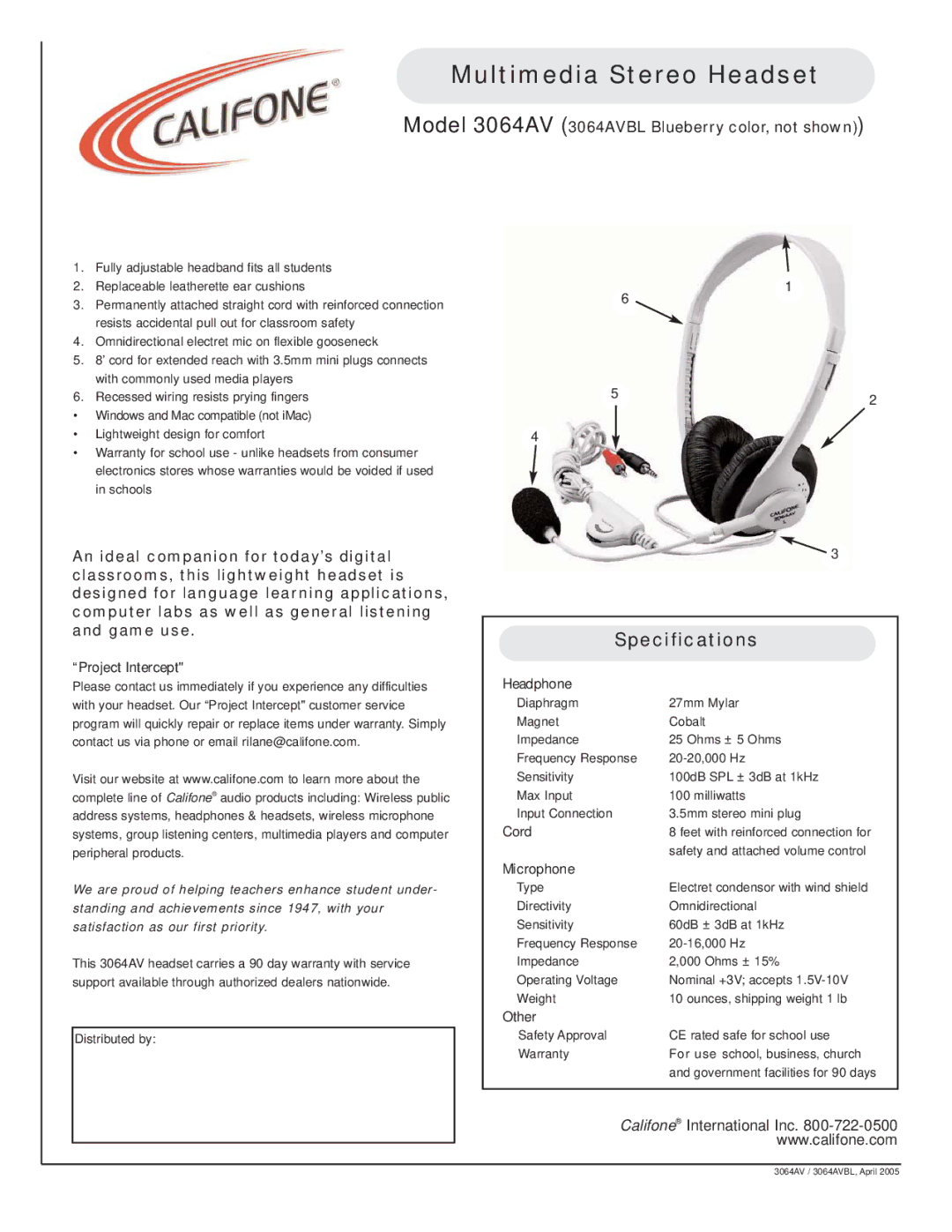 Califone 3064AV specifications Multimedia Stereo Headset, Specifications 