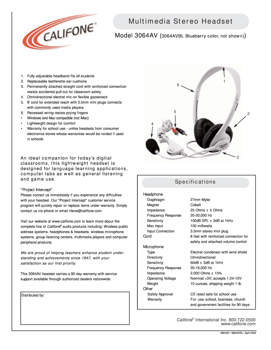 Califone specifications Multimedia Stereo Headset, Specifications, Model 3064AV 3064AVBL Blueberry color, not shown 
