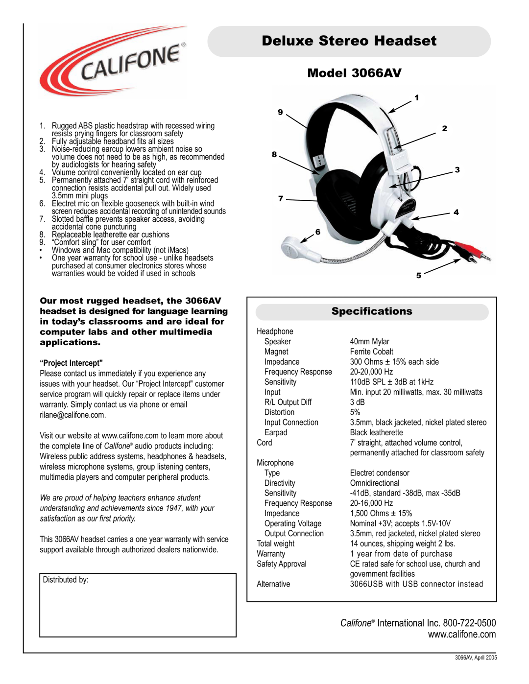 Califone specifications Deluxe Stereo Headset, Model 3066AV, Specifications, “Project Intercept 