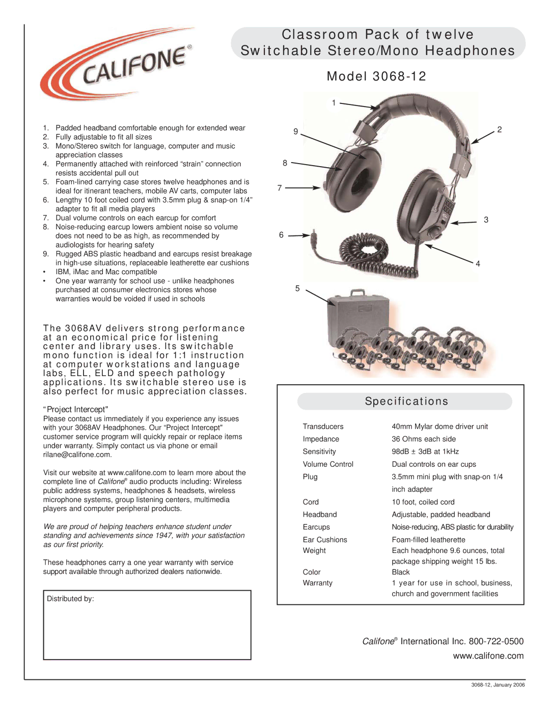 Califone 3068-12 specifications Classroom Pack of twelve Switchable Stereo/Mono Headphones, Model, Specifications 