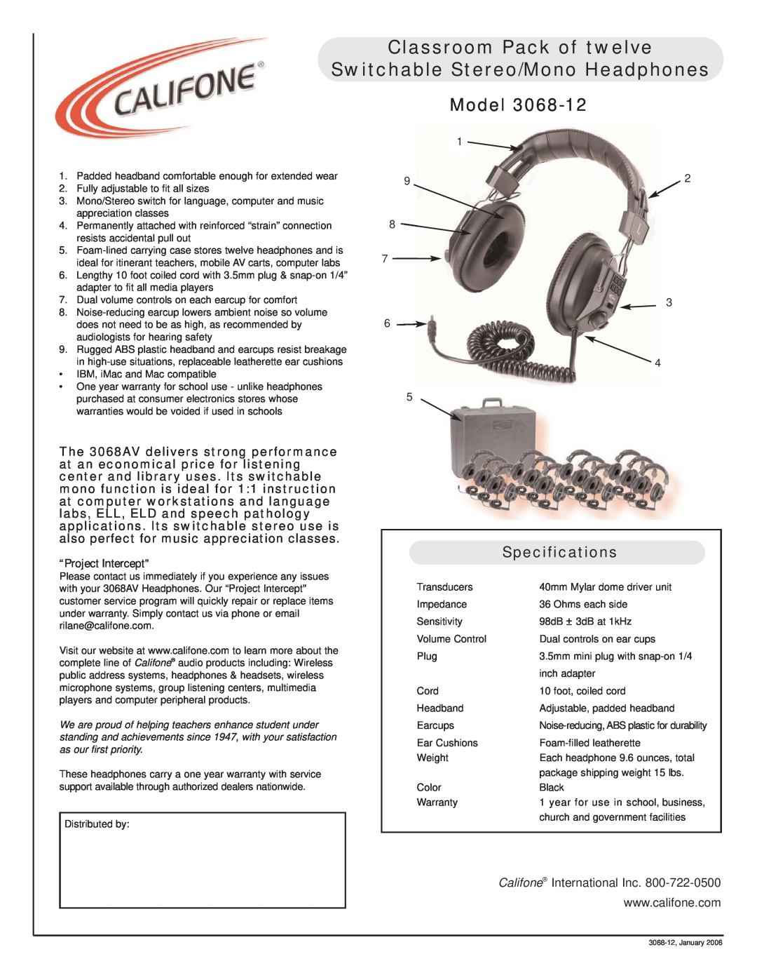 Califone 3068-12 specifications Classroom Pack of twelve, Switchable Stereo/Mono Headphones, Model, Specifications 