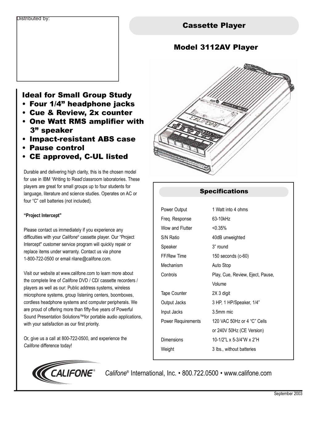 Califone warranty Cassette Player Model 3112AV Player, Specifications, Project Intercept 