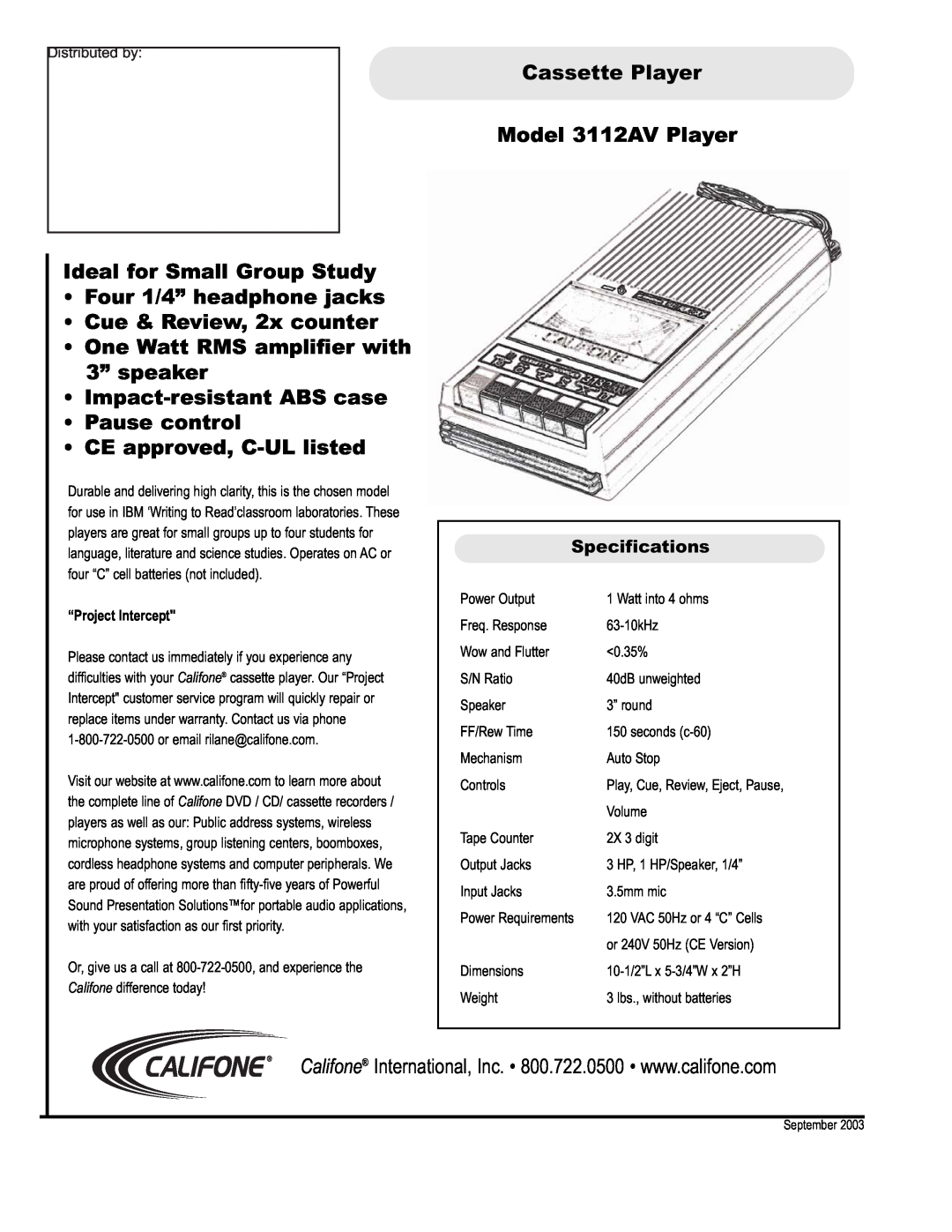 Califone 3112AV warranty Ideal for Small Group Study, Four 1/4” headphone jacks, Cue & Review, 2x counter, Specifications 