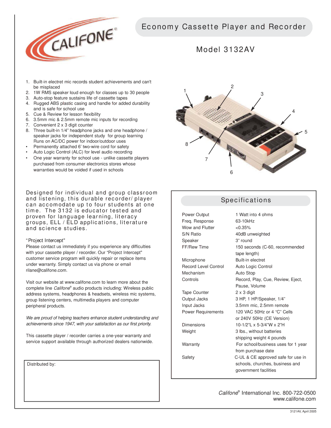 Califone specifications Economy Cassette Player and Recorder Model 3132AV, Specifications 