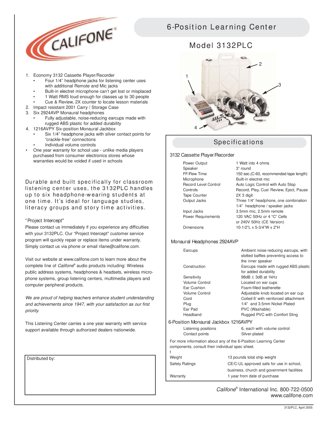 Califone specifications Position Learning Center Model 3132PLC, Specifications, Cassette Player/Recorder 