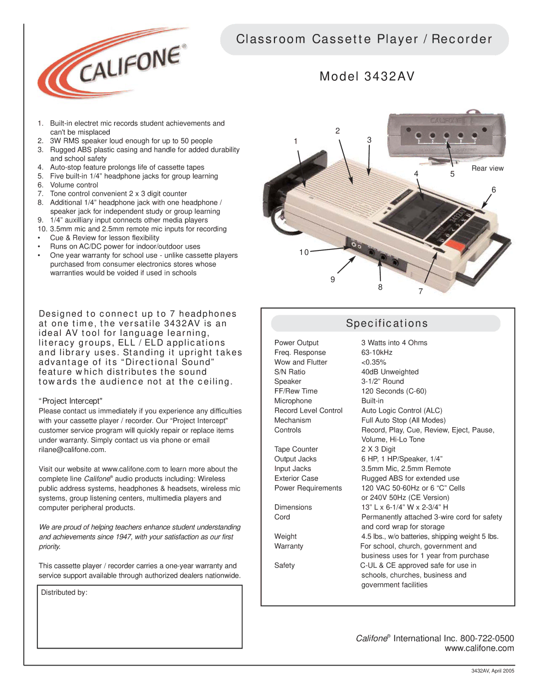 Califone specifications Classroom Cassette Player / Recorder Model 3432AV, Specifications 