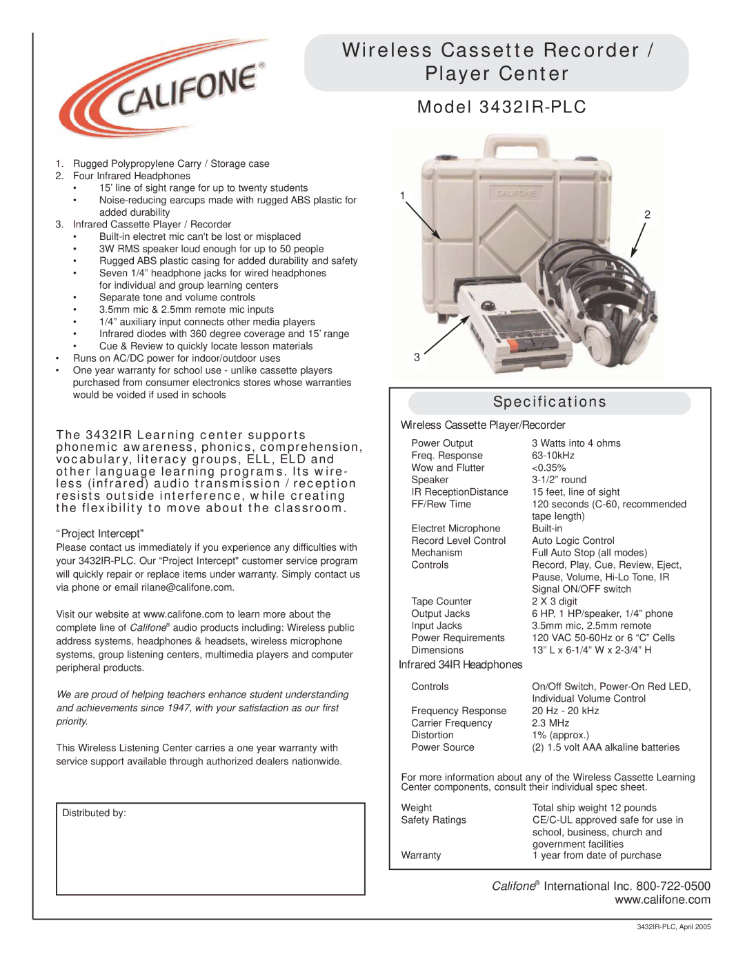 Califone specifications Wireless Cassette Recorder Player Center, Model 3432IR-PLC, Specifications 