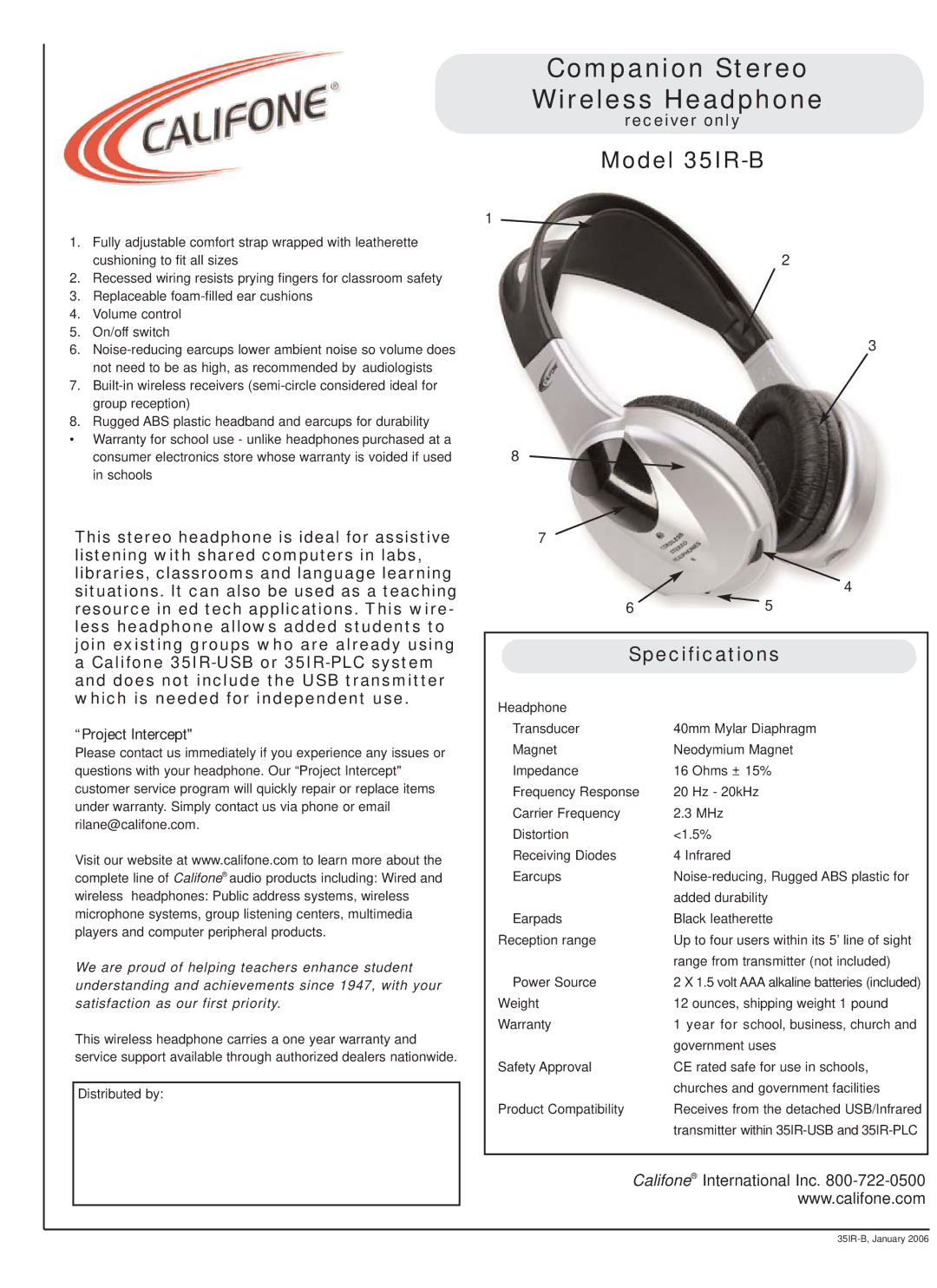 Califone specifications Companion Stereo Wireless Headphone, Model 35IR-B, Specifications, Project Intercept 