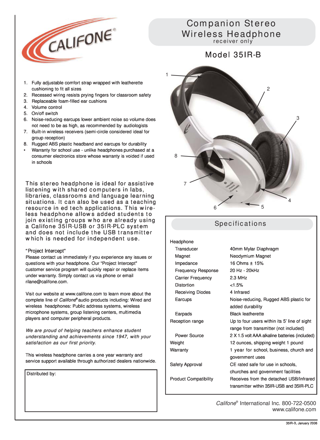 Califone specifications Companion Stereo Wireless Headphone, Model 35IR-B, Specifications, “Project Intercept 