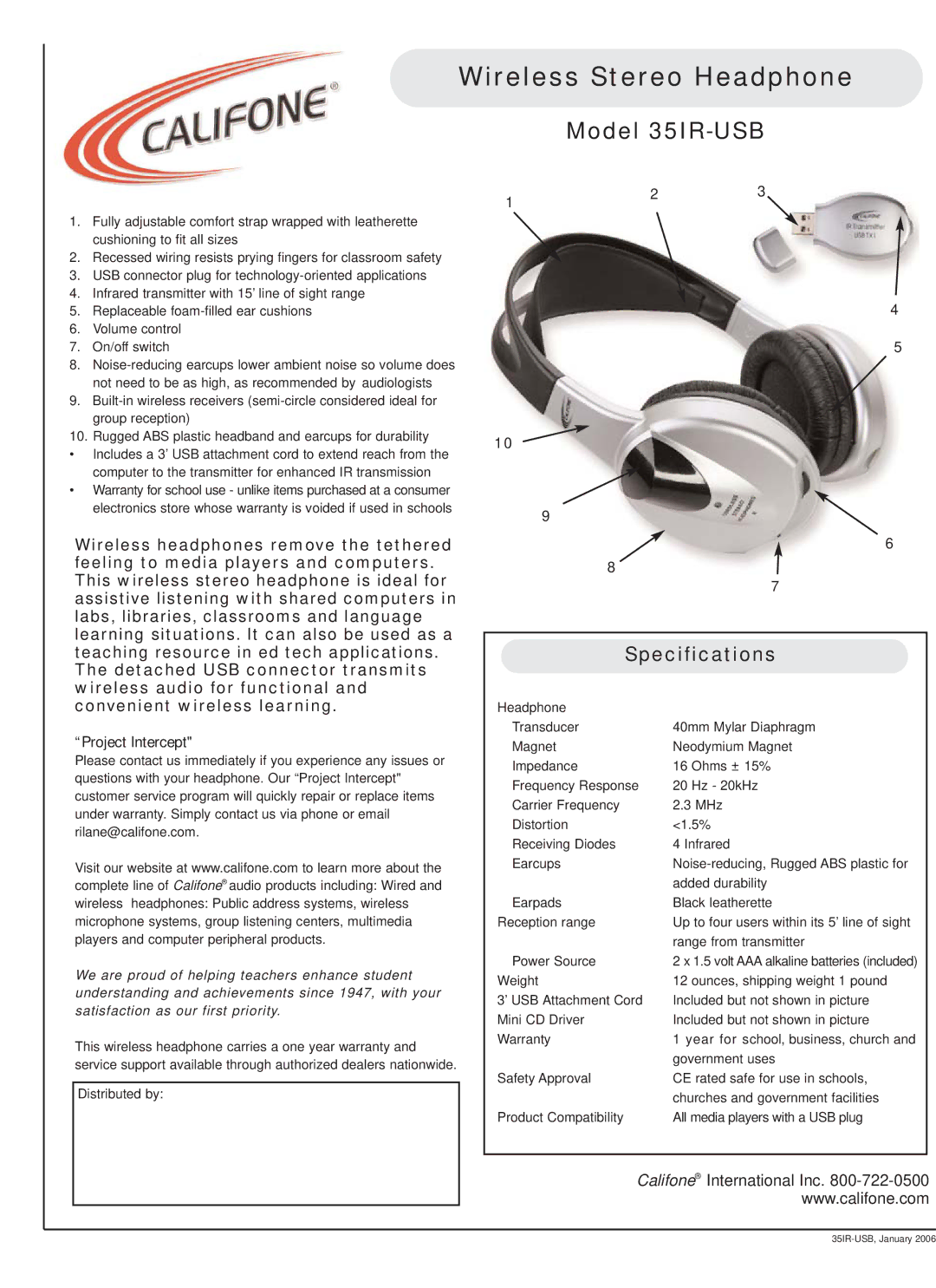 Califone specifications Wireless Stereo Headphone, Model 35IR-USB, Specifications 