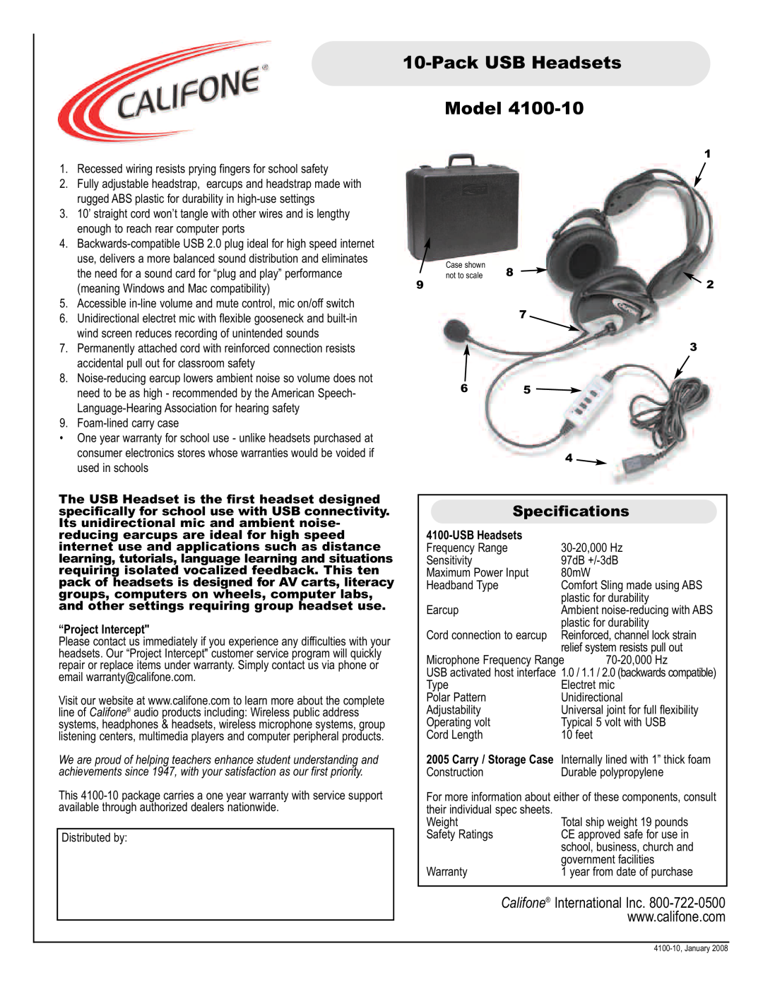 Califone 4100-10 specifications PackUSB Headsets Model, Specifications, Califone International Inc, USBHeadsets 