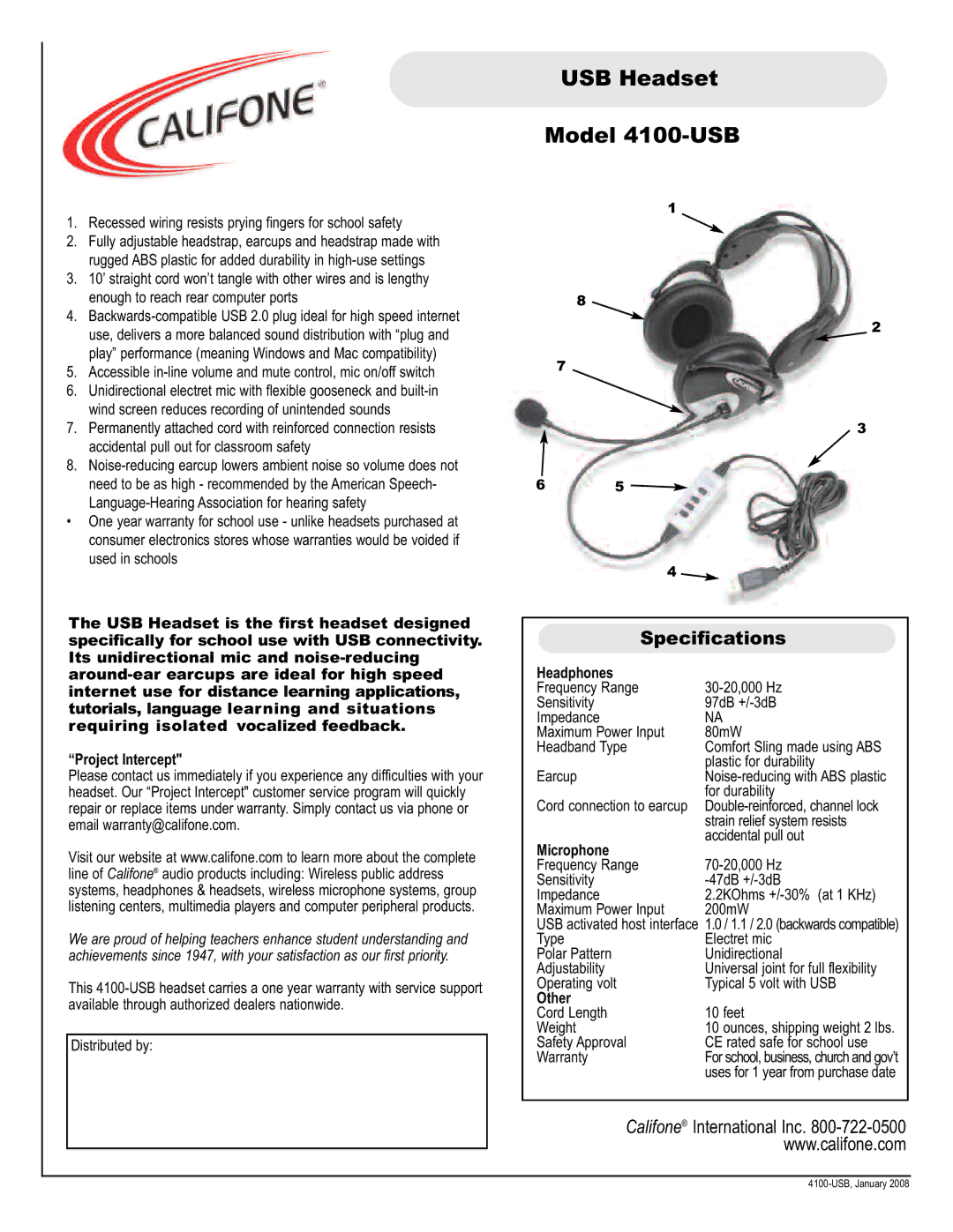 Califone specifications USB Headset Model 4100-USB, Specifications, Microphone, Other 