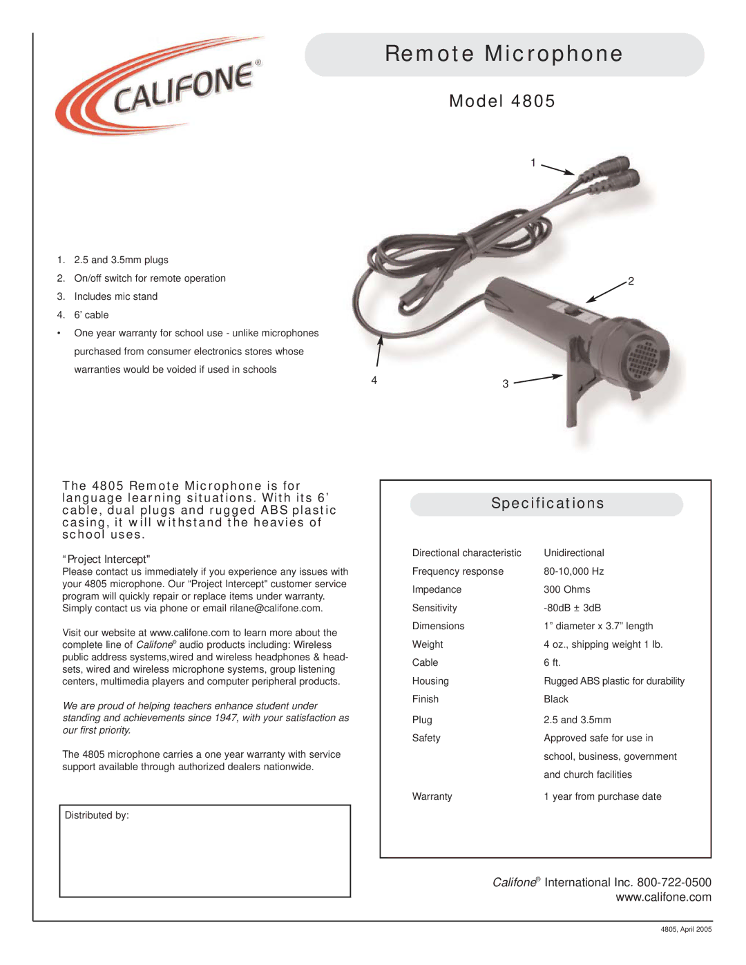 Califone 4805 specifications Remote Microphone, Model, Specifications 