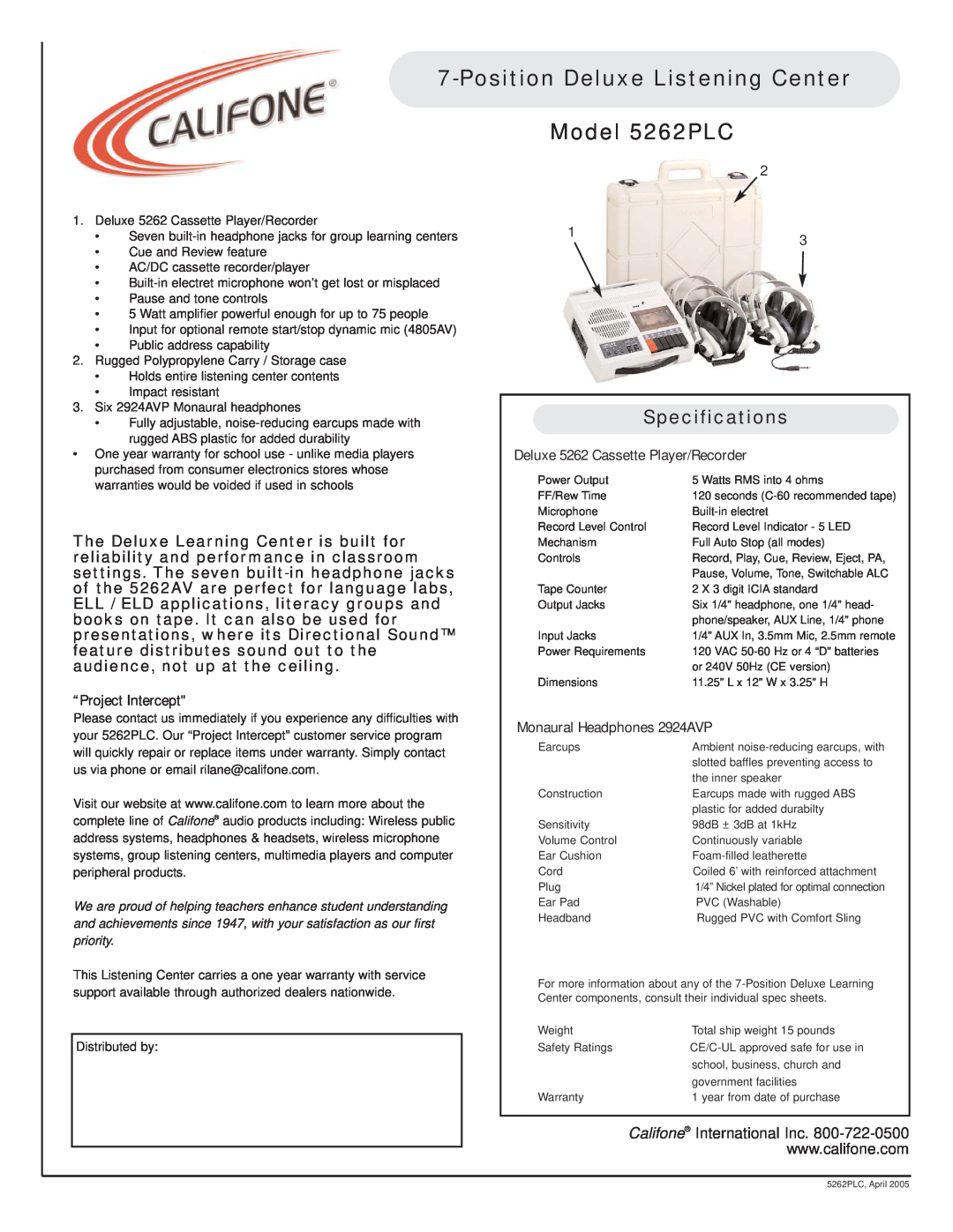 Califone specifications PositionDeluxe Listening Center Model 5262PLC, Specifications, Califone International Inc 
