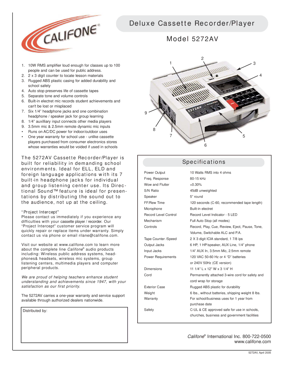 Califone specifications Deluxe Cassette Recorder/Player Model 5272AV, Specifications 