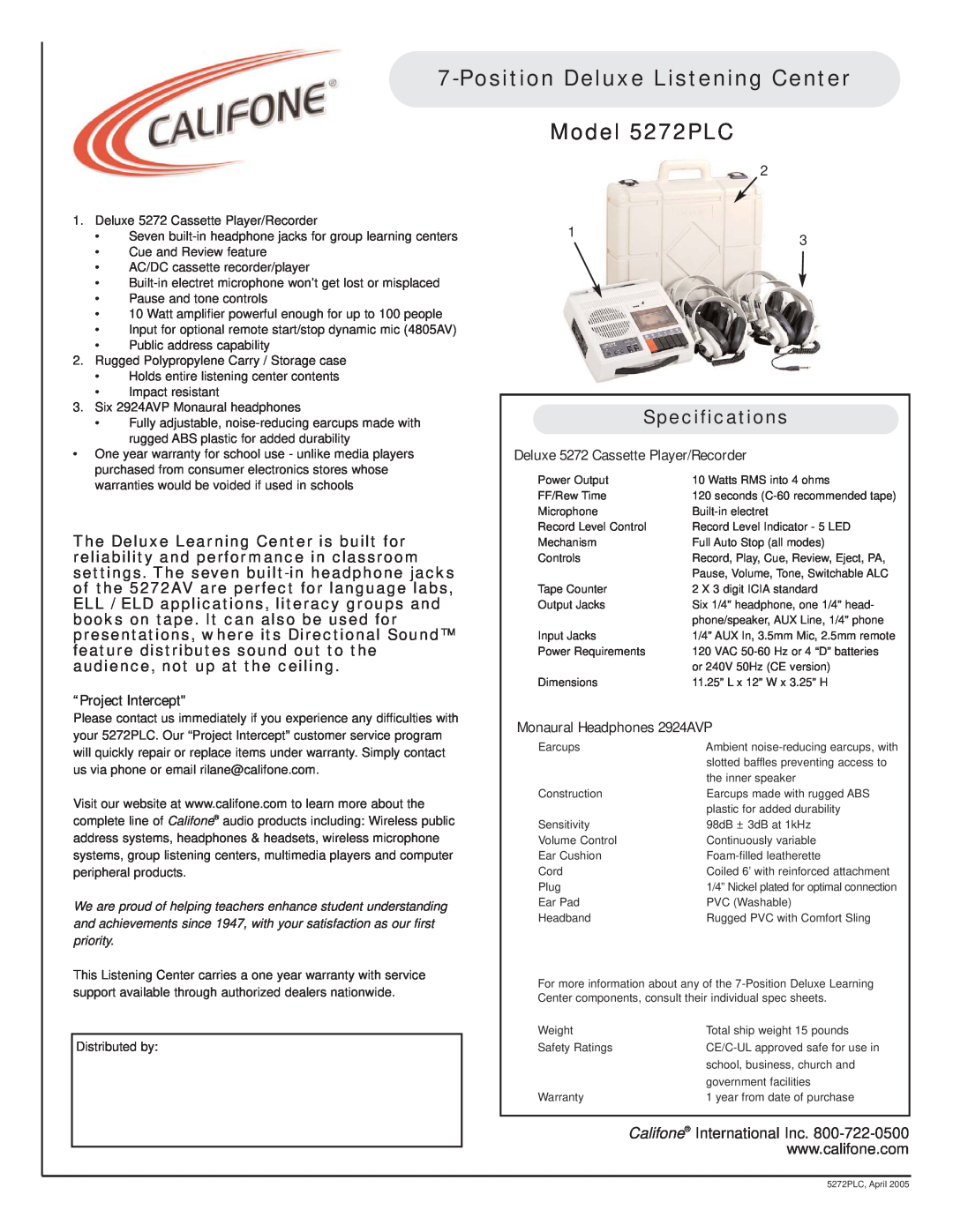 Califone specifications PositionDeluxe Listening Center Model 5272PLC, Specifications, Califone International Inc 
