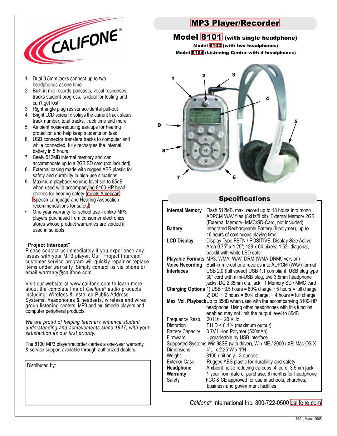 Califone 8101 Project Inte rcept, Internal Memory, Battery, LCD Display, Voice Recording, Interfaces, Headphone, Warranty 