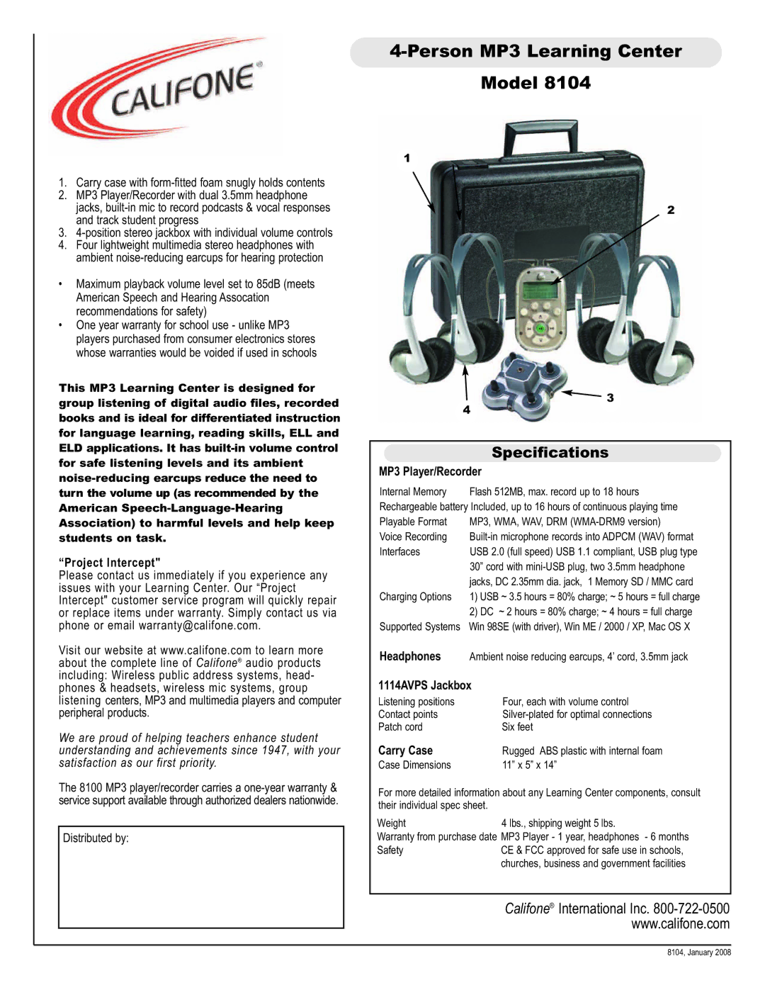 Califone 8104 specifications Person MP3 Learning Center Model, Specifications 