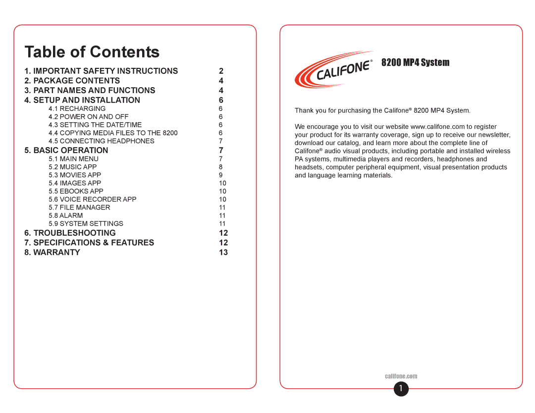 Califone 8200 user manual Table of Contents 