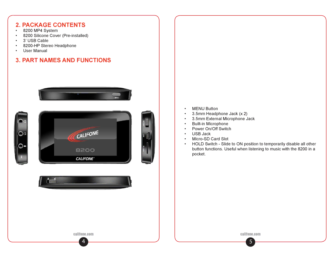 Califone 8200 user manual Package Contents, Part Names and Functions 