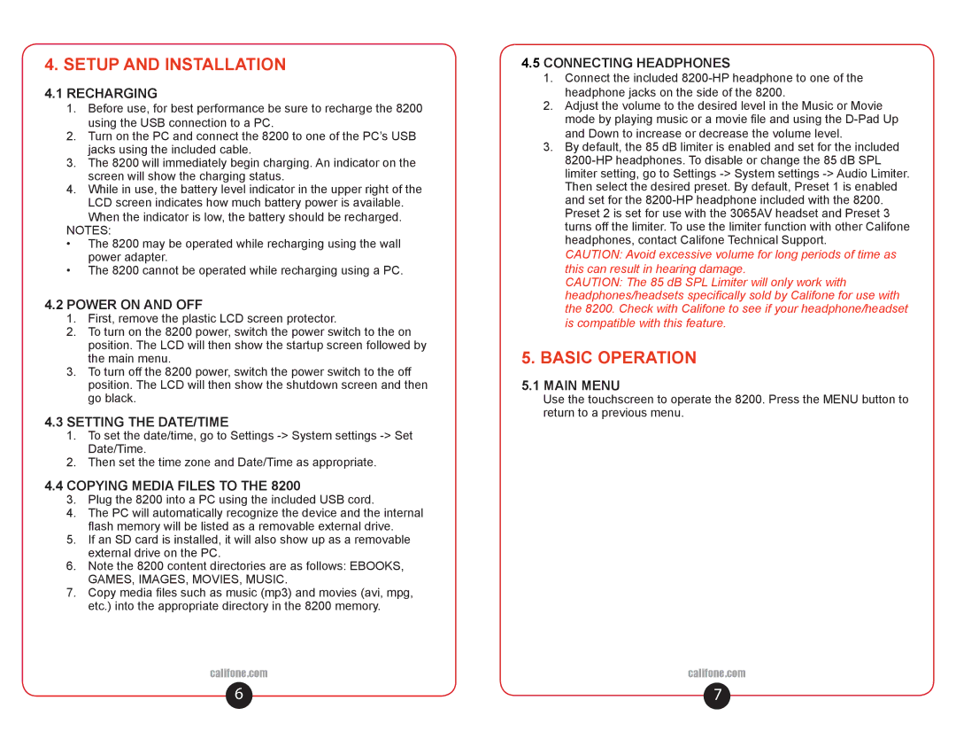 Califone 8200 user manual Setup and Installation, Basic Operation 