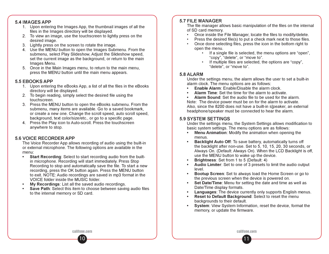 Califone 8200 user manual Images APP, Ebooks APP, Voice Recorder APP, File Manager, Alarm, System Settings 