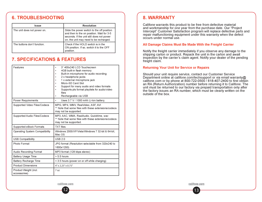 Califone 8200 user manual Troubleshooting, Specifications & Features, Warranty 