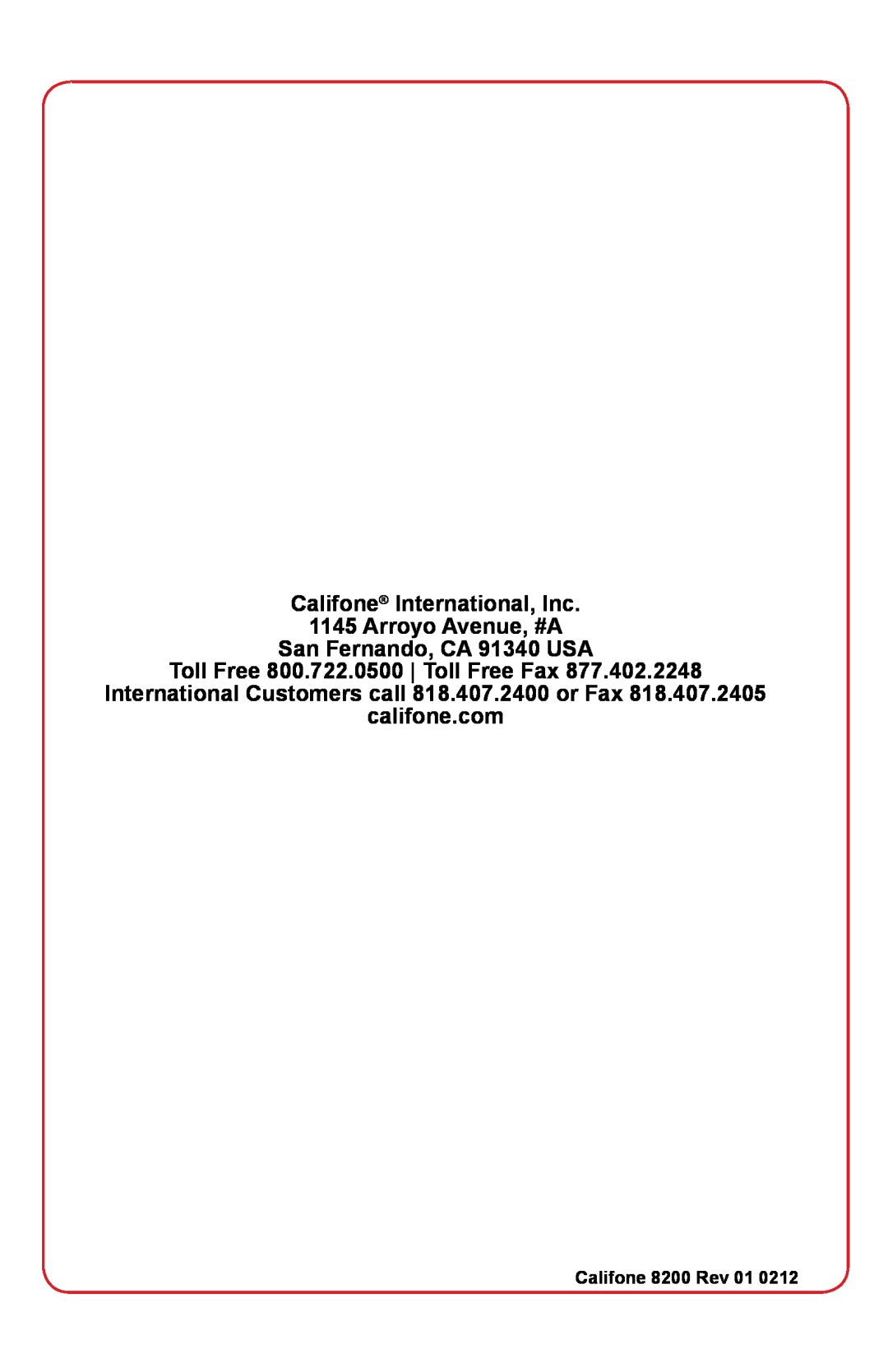 Califone user manual Califone International, Inc 1145 Arroyo Avenue, #A, Califone 8200 Rev 01 