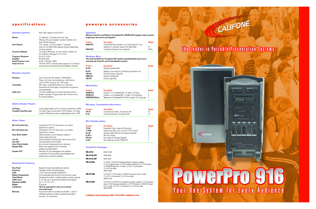 Califone 916 specifications Speaker System, Wireless System, Built-in Media Players, Mixer Panel, Mechanical Features 