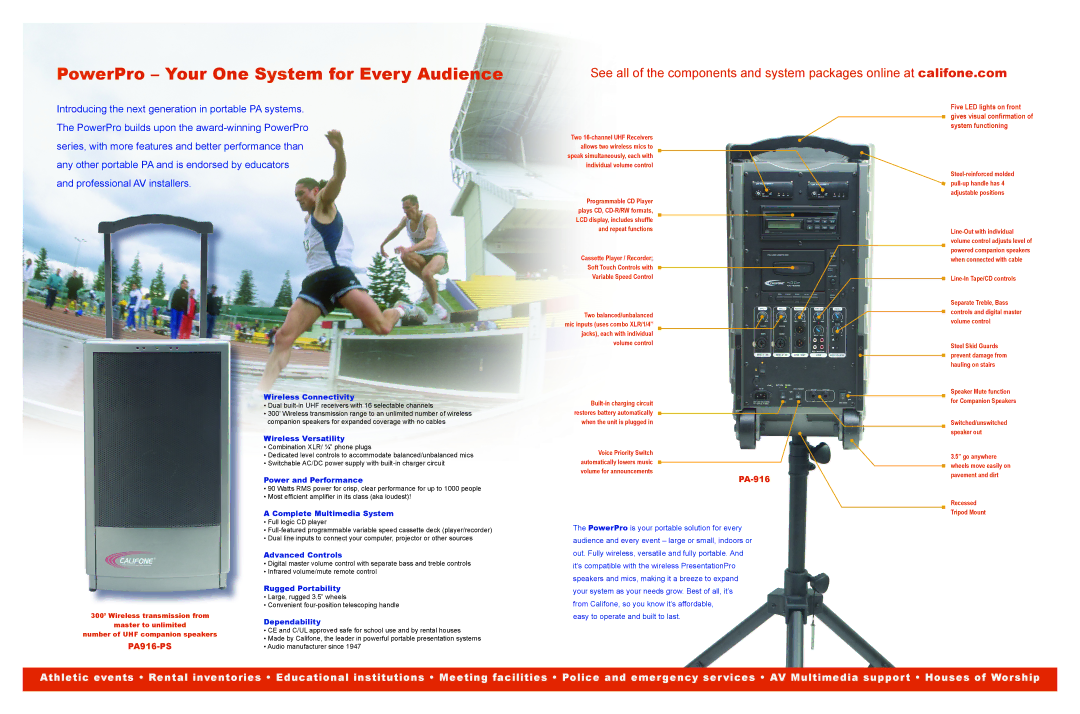 Califone 916 Wireless Connectivity, Wireless Versatility, Power and Performance, Complete Multimedia System, Dependability 