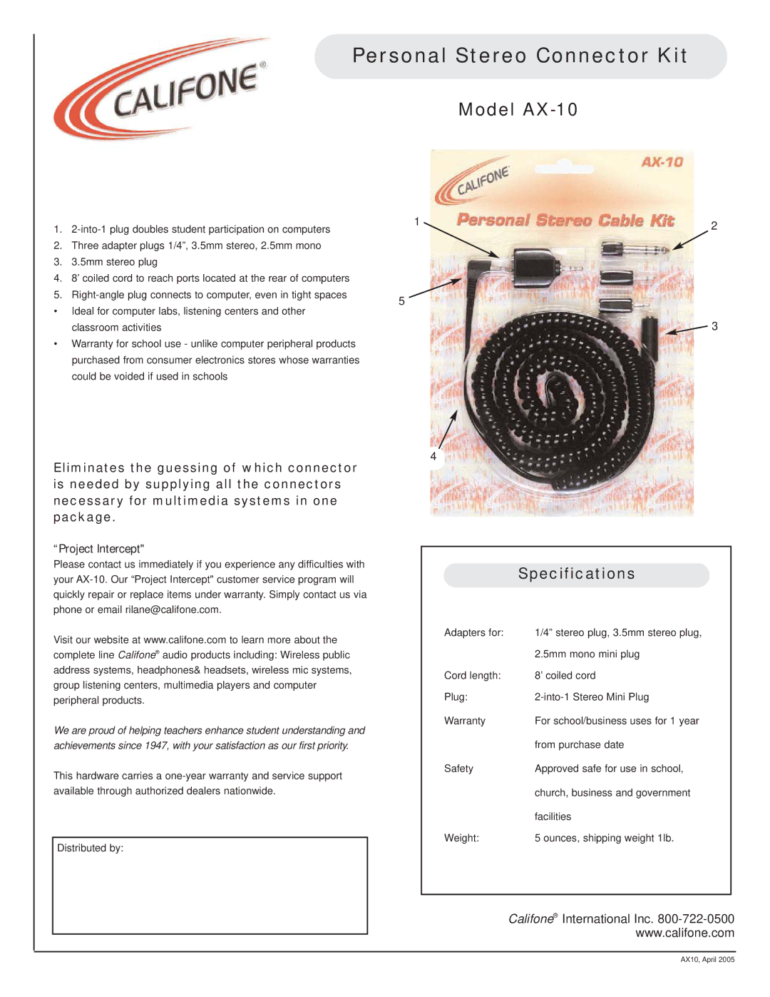 Califone specifications Personal Stereo Connector Kit, Model AX-10, Specifications 