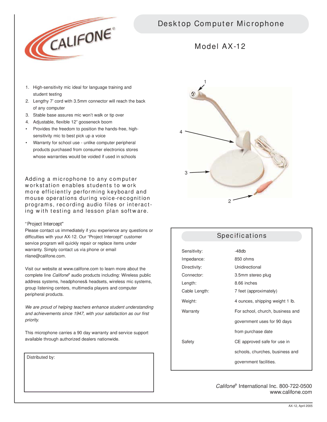 Califone specifications Desktop Computer Microphone Model AX-12, Specifications 