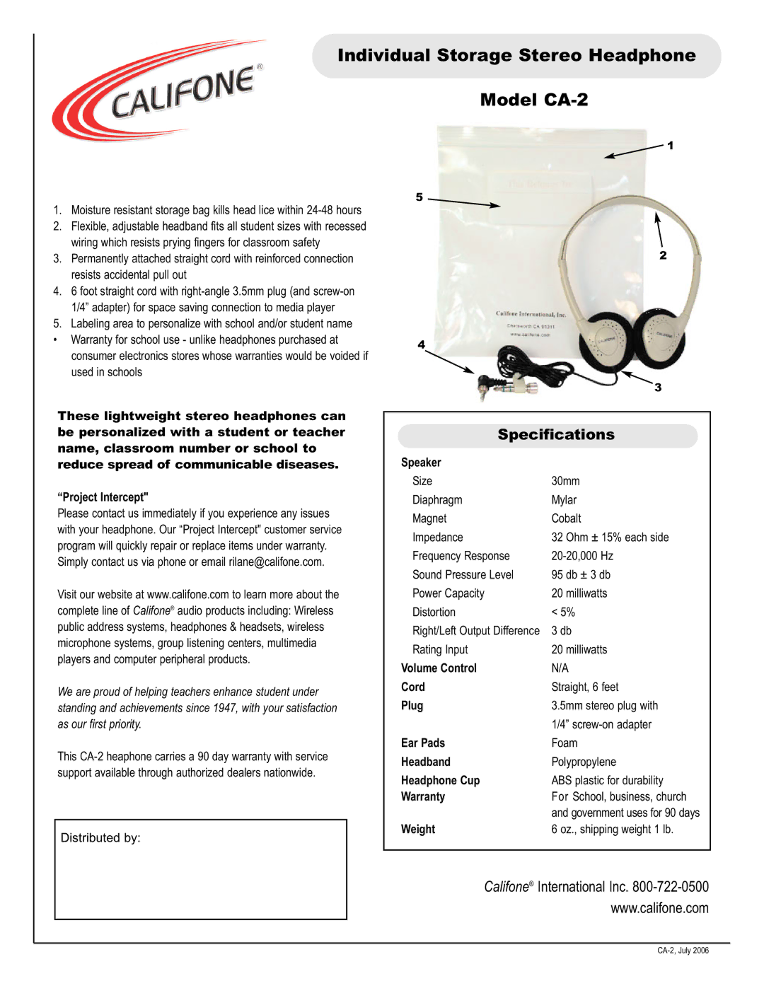 Califone specifications Individual Storage Stereo Headphone Model CA-2, Specifications 