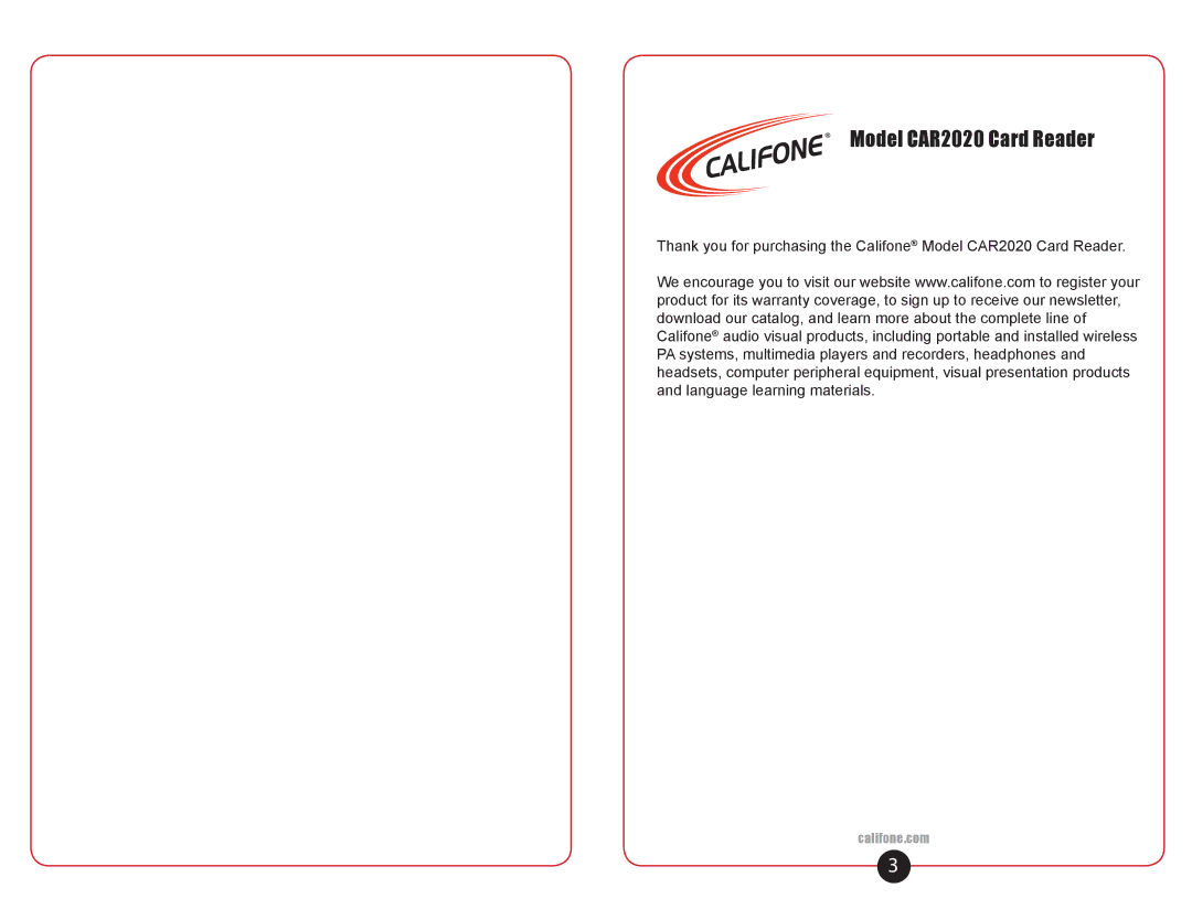 Califone user manual Model CAR2020 Card Reader 