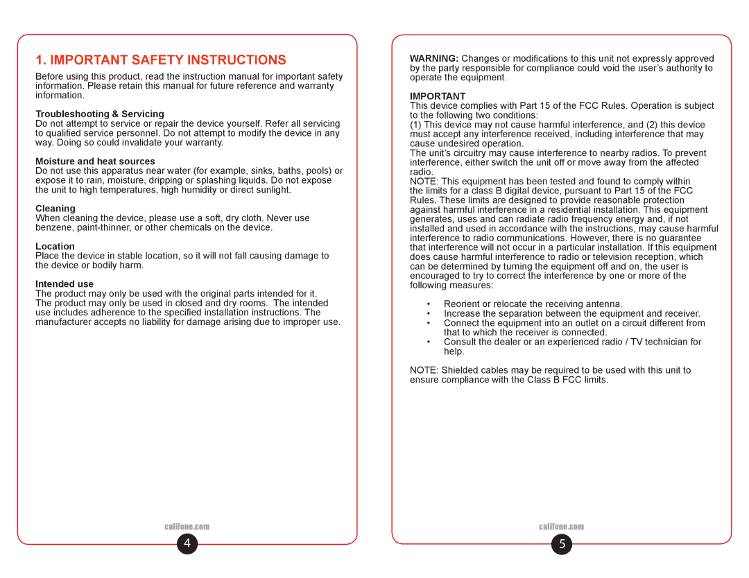 Califone CAR2020 user manual Important Safety Instructions, Troubleshooting & Servicing 