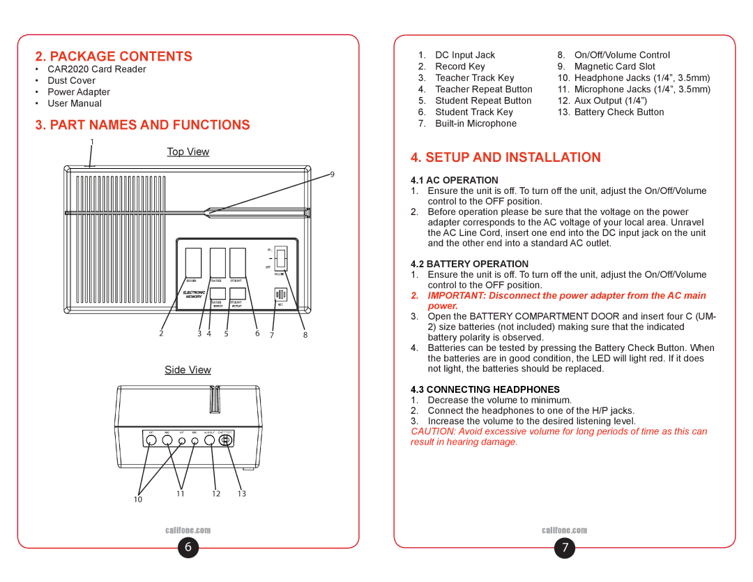 Califone CAR2020 user manual Package Contents, Part Names and Functions, Setup and Installation 