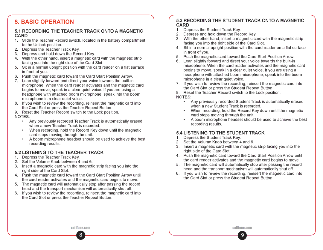 Califone CAR2020 Basic Operation, Recording the Teacher Track Onto a Magnetic Card, Listening to the Teacher Track 
