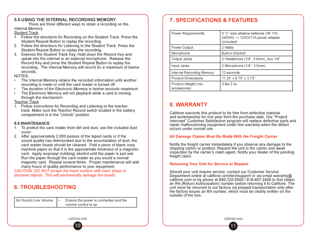 Califone CAR2020 Troubleshooting, Specifications & Features, Warranty, Using the Internal Recording Memory, Maintenance 