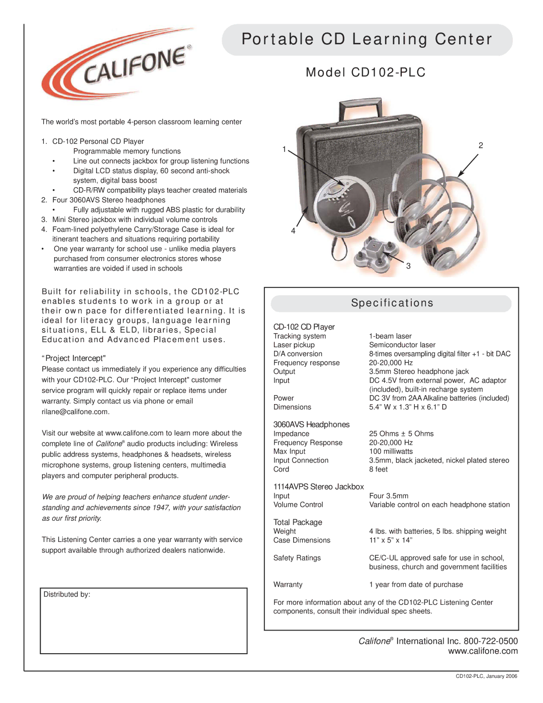 Califone specifications Portable CD Learning Center, Model CD102-PLC, Specifications 