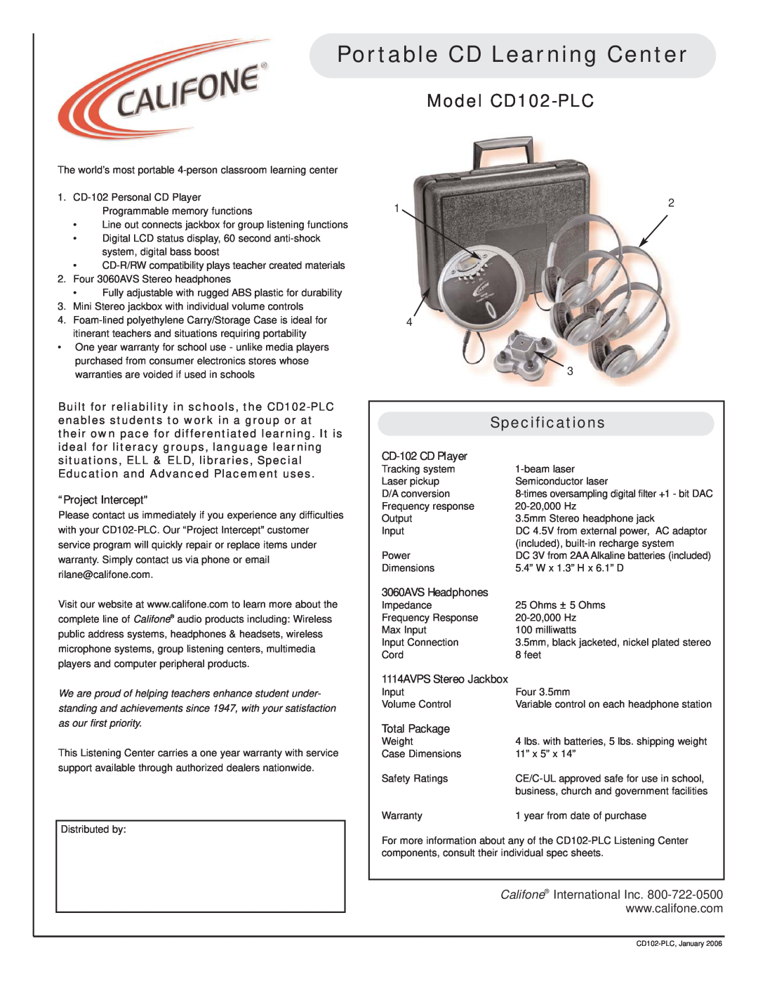 Califone specifications Portable CD Learning Center, Model CD102-PLC, Specifications, “Project Intercept, Total Package 