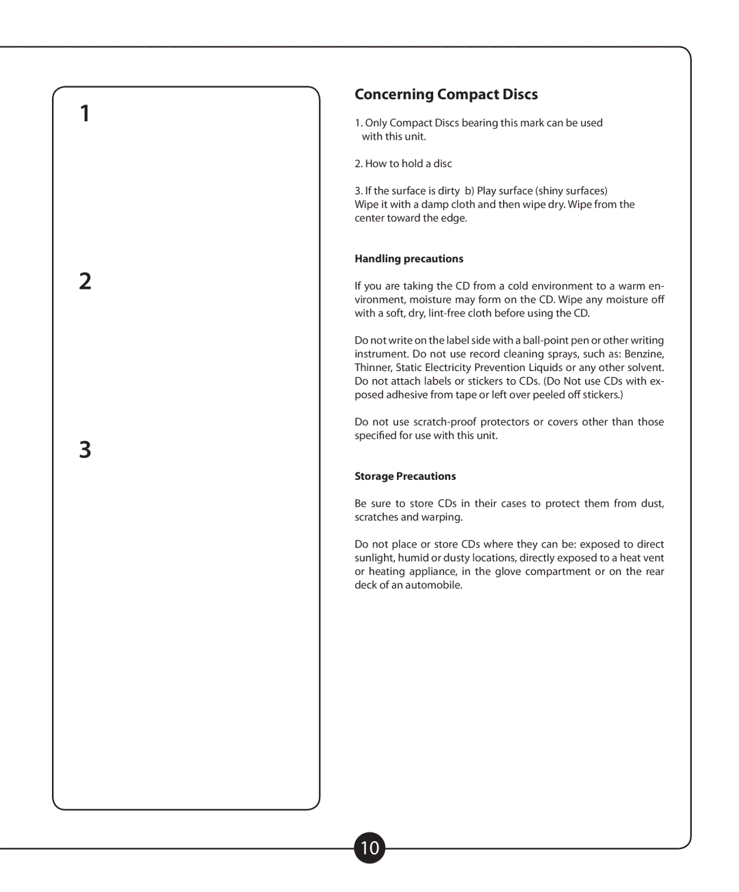 Califone CD102 owner manual Concerning Compact Discs, Handling precautions, Storage Precautions 