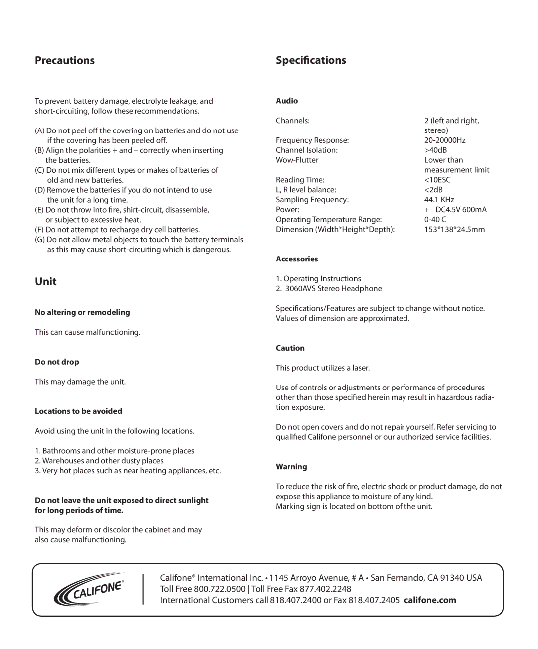 Califone CD102 owner manual Precautions, Unit, Specifications 