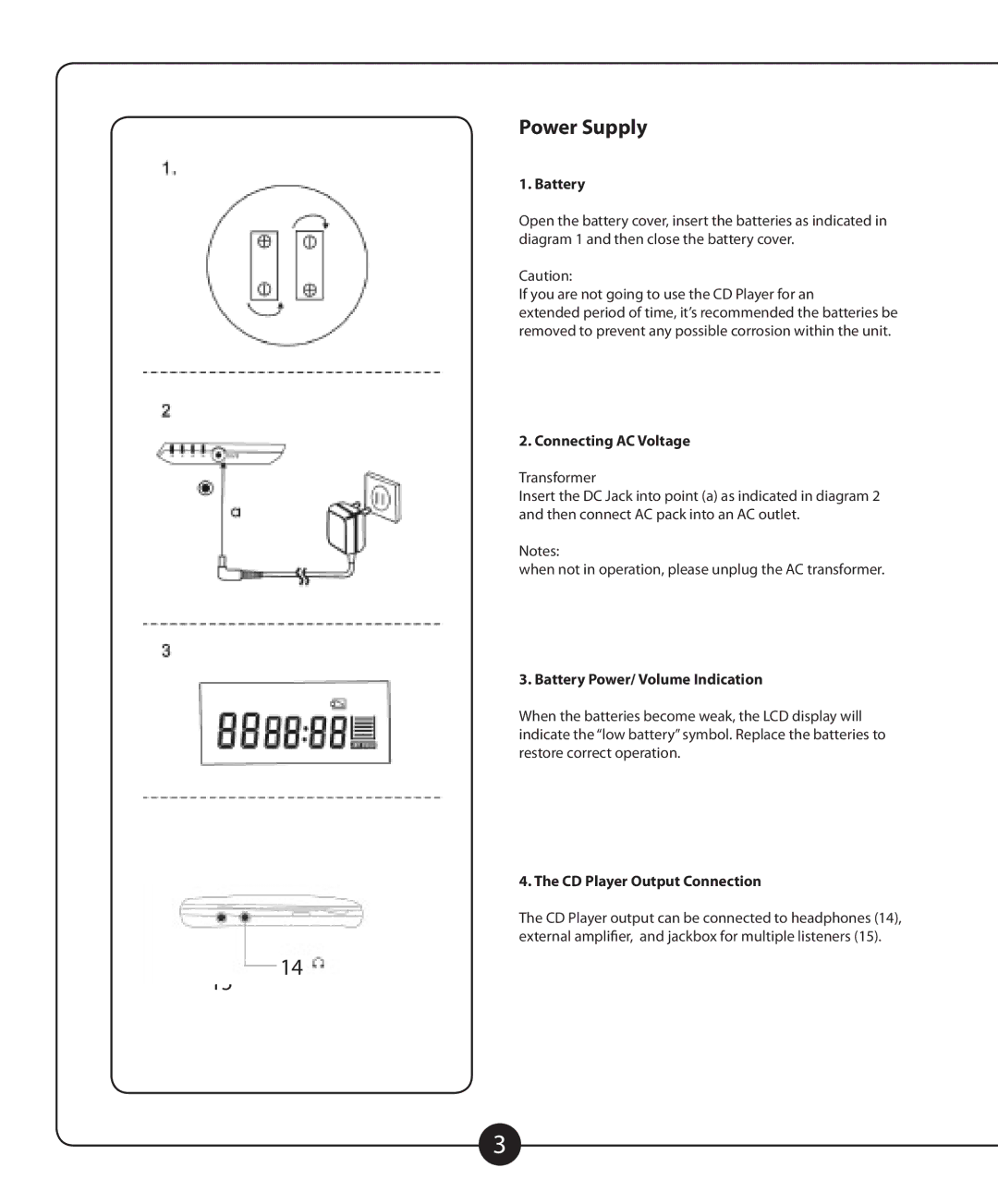 Califone CD102 Power Supply, Connecting AC Voltage, Battery Power/ Volume Indication, CD Player Output Connection 