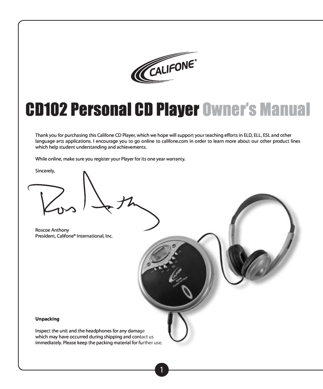 Califone CD102 owner manual Unpacking 