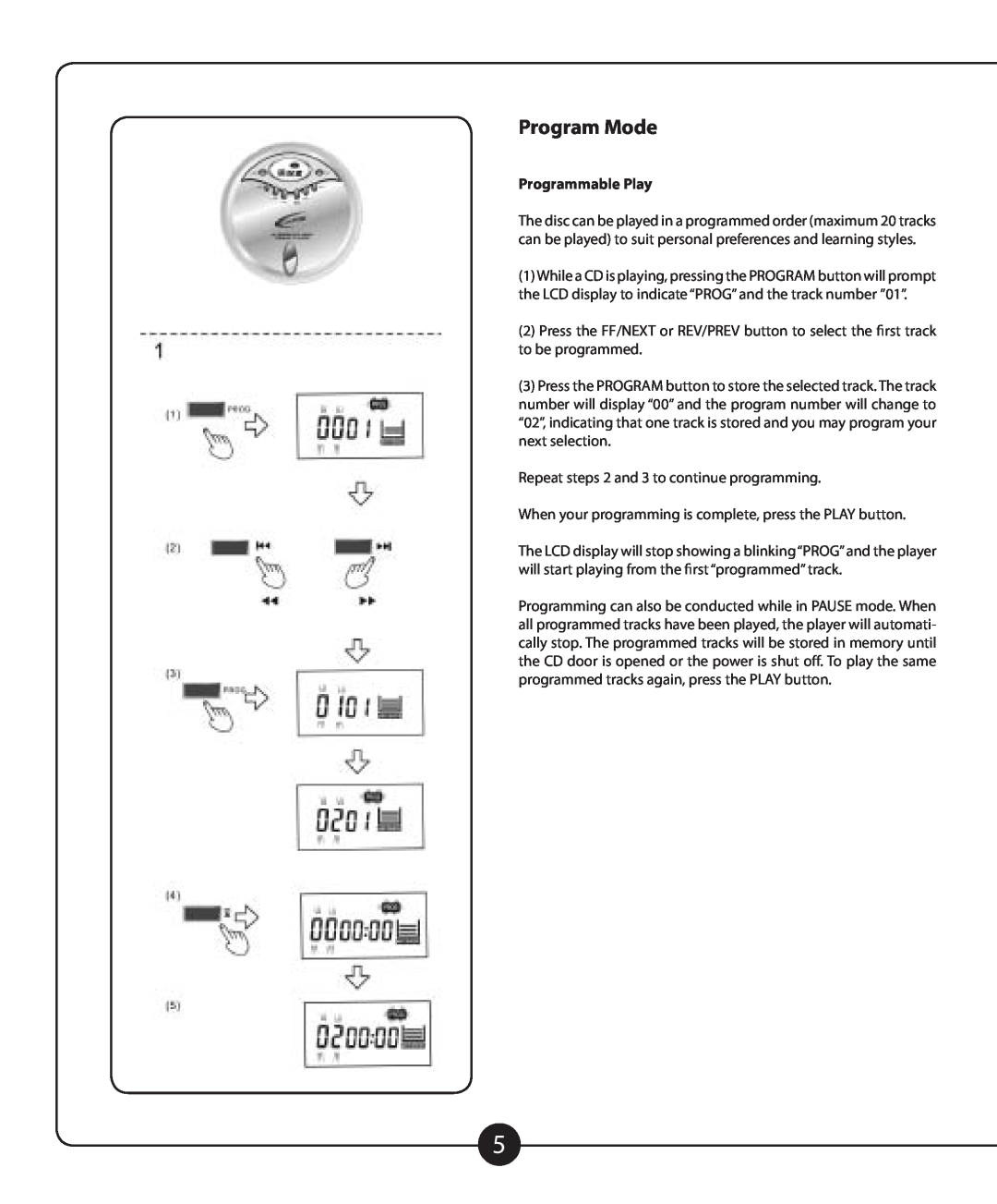 Califone CD102 owner manual Program Mode, Programmable Play 