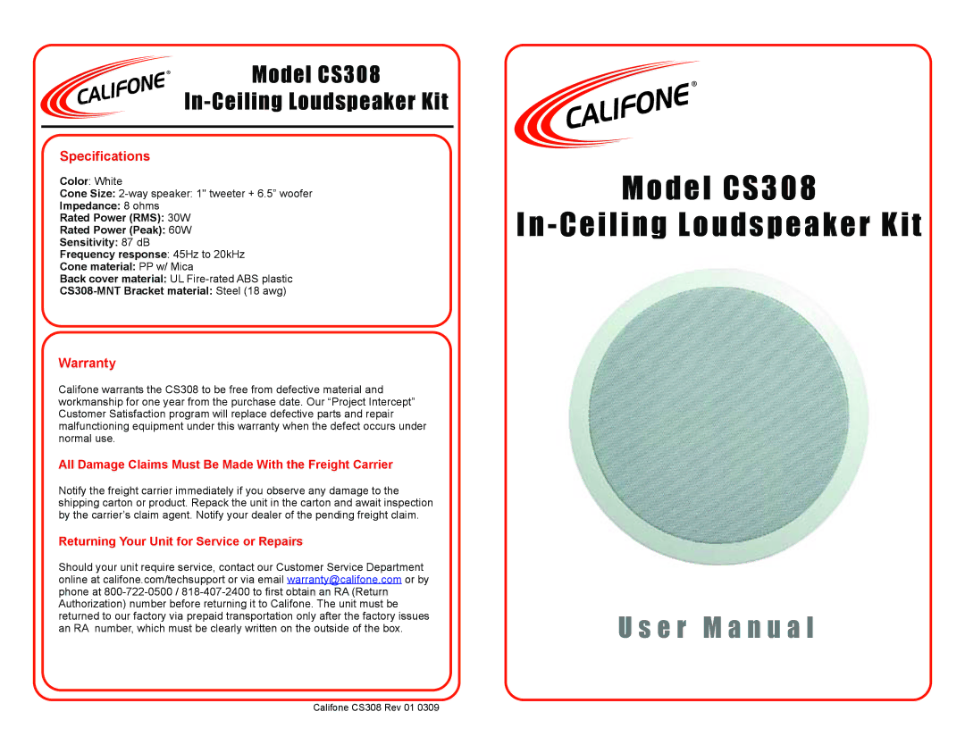 Califone CS308 important safety instructions Specifications, Warranty, Returning Your Unit for Service or Repairs 