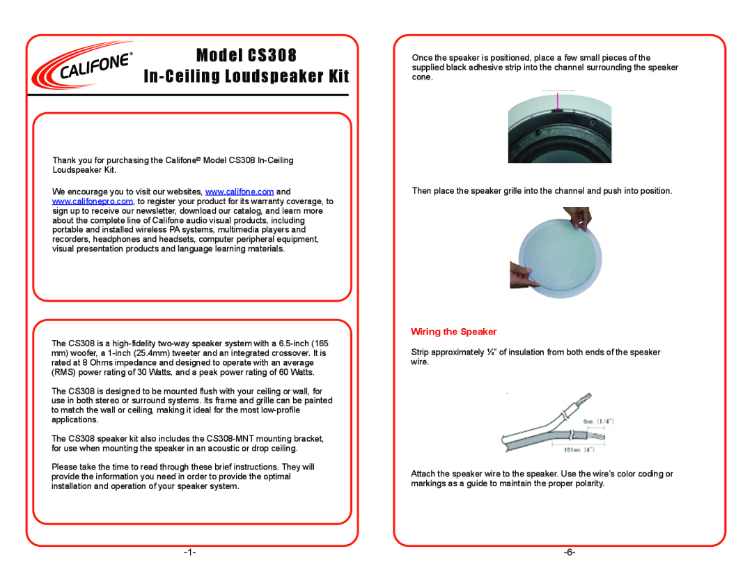 Califone CS308 important safety instructions Wiring the Speaker 