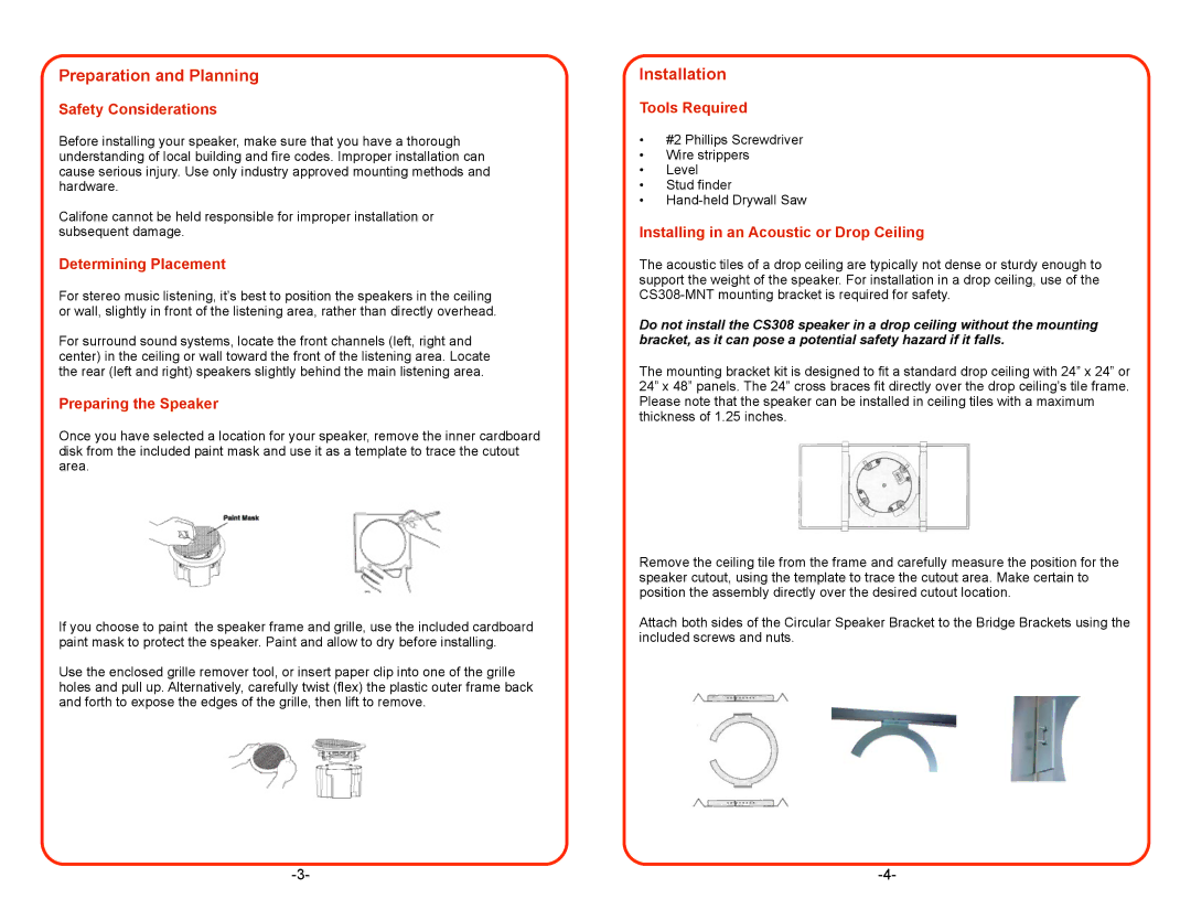 Califone CS308 important safety instructions Preparation and Planning, Installation 