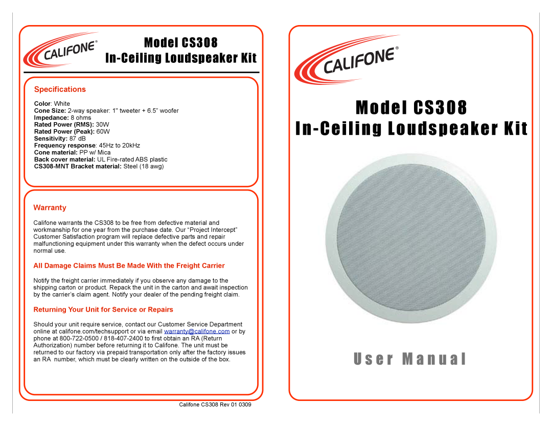 Califone important safety instructions Model CS308 In-CeilingLoudspeaker Kit, Specifications, Warranty 